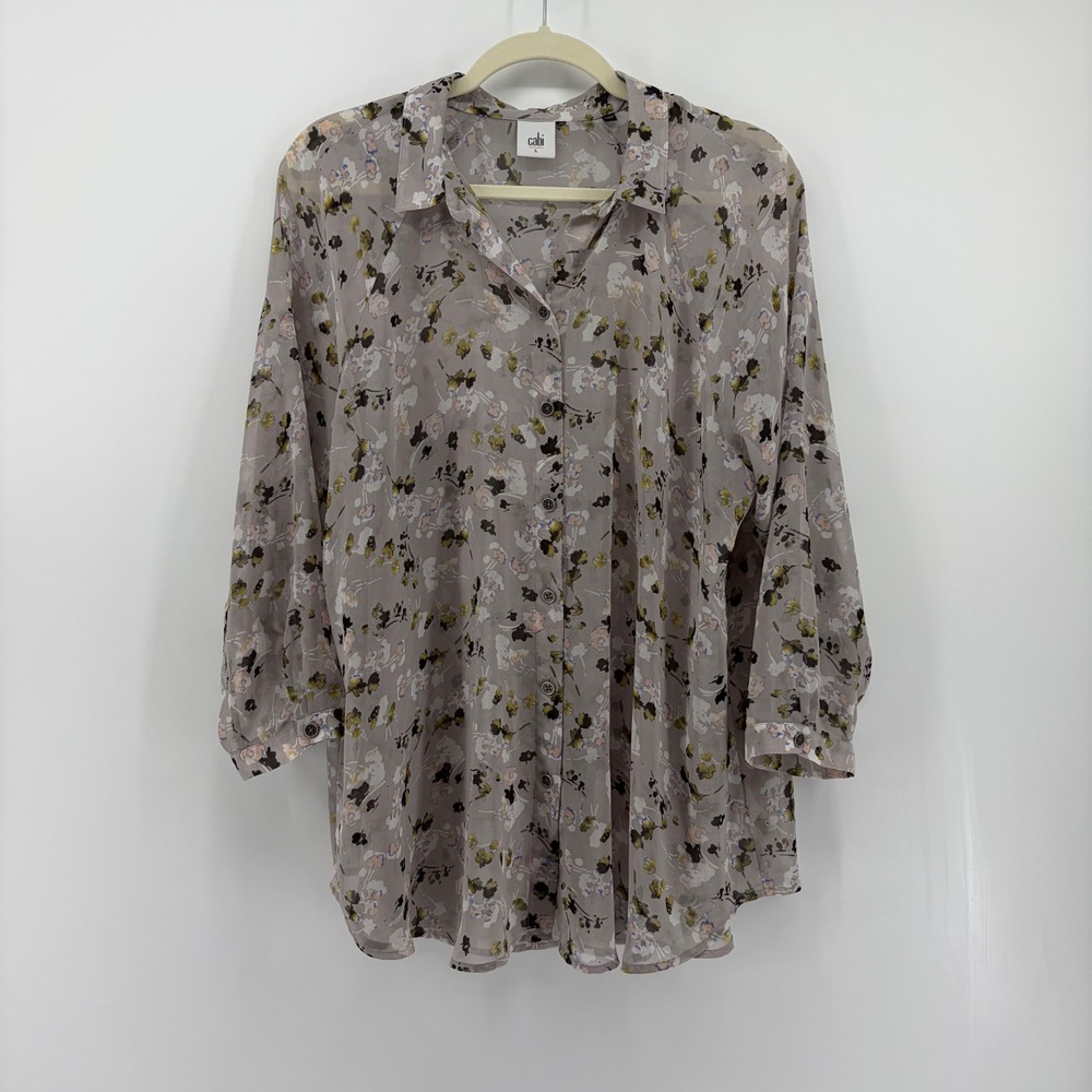 Cabi Womens Large Grey Floral Button Down Blouse 3/4 Sleeve Chiffon Top